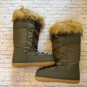 Justfab Womens XL Cold Weather Boots Army Fatigue Green/Brown Faux Fur Lined